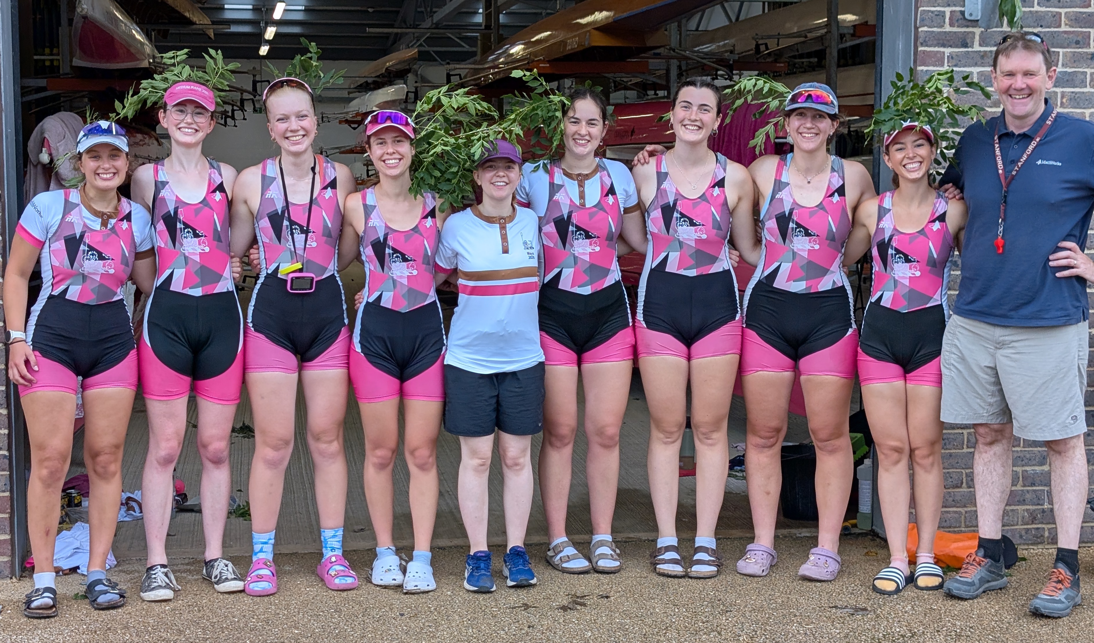 Churchill College Women's First VIII and coach after the 2026 May Bumps